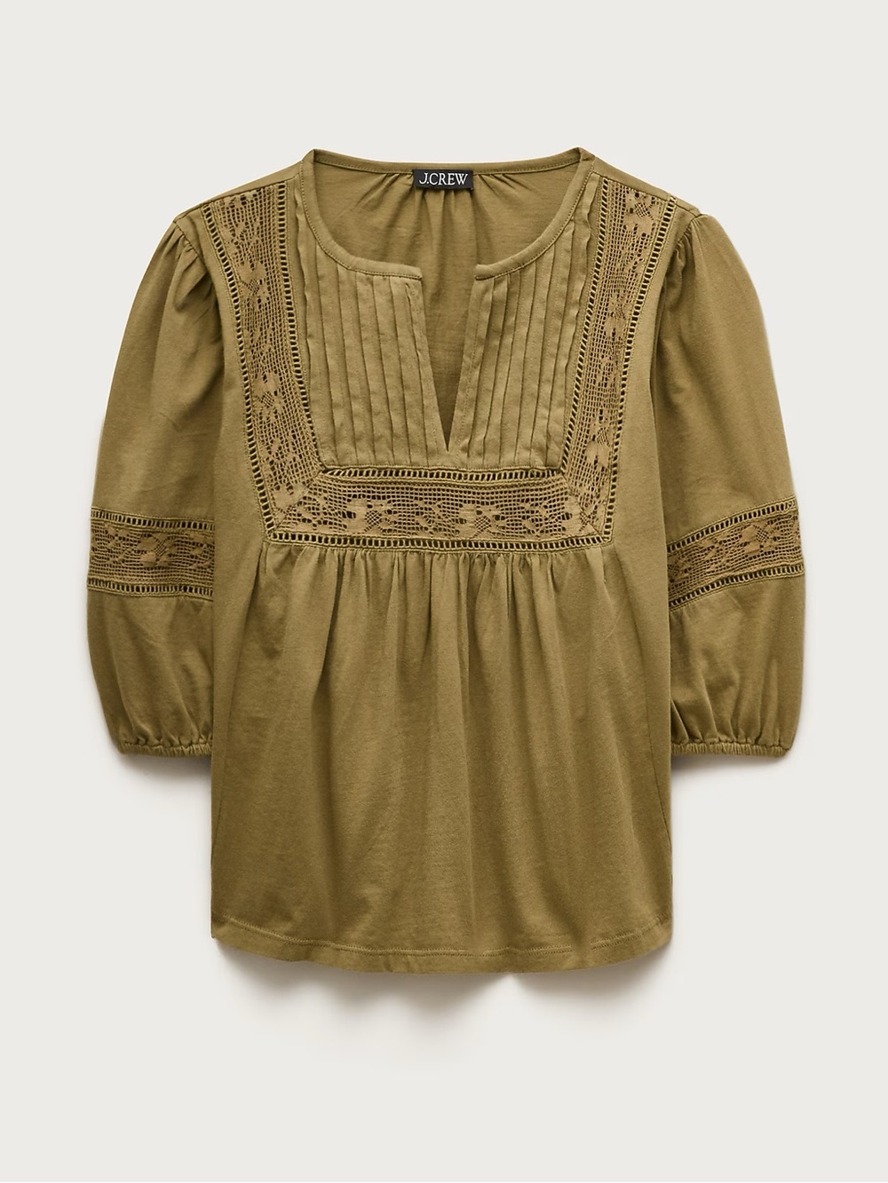 j crew Lace-trim puff-sleeve shirt in broken-in jersey green olive medium NWOT